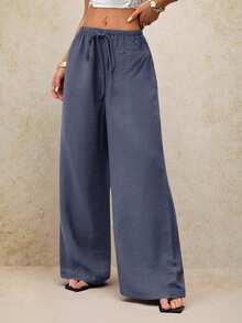 SHEIN PETITE 女款春夏浪漫舞會正式生日 90 年代風格商務休閒腰綁帶優雅低腰寬鬆寬腿褲 - 霧霾藍 - 查看 5