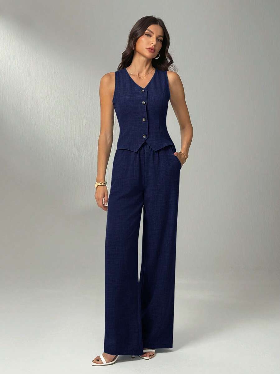 SHEIN Tall Women's Solid Color V-Neck Button Front Tank Top And Slant Pocket Casual Pants 2-Piece Set, Tall Women - Navy Blue - View 1