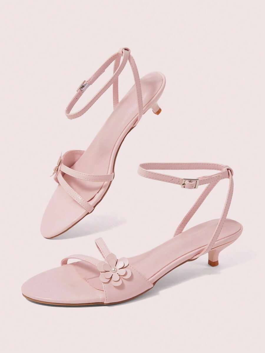 CUCCOO DOLLMOD Women's Shoes, Spring And Summer, Flower Pearl Decoration, Ankle Strap, Open Toe, Kitten Heel, Daily Casual, Sweet Pink Sandals. - Pink - View 1