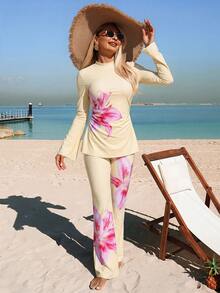 Swim Shayni 26SS 夏季海滩度假女士保守粉紫渐变长袖喇叭裤布基尼套装 - 彩色 - 查看 5
