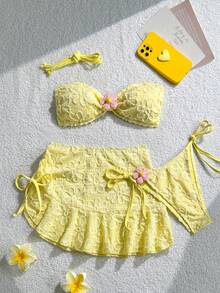 Swim Mod 3pcs Set: Lightweight Spaghetti Strap Crop Top, Tie Side Triangle Bottoms, And Ruffle Drawstring Mini Skirt - Yellow - View 7