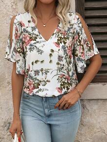 SHEIN Clasi Women's V-Neck Floral Print Ruffle Sleeve Split Hem Blouse,Summer Top Vacation White Floral Elegant - White - View 4