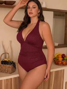 Swim Lushoire Plus Size Textured Fabric Halter One-Piece Swimsuit - Red - View 5