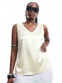 SHEIN EZwear 大码休闲通勤简约缎面吊带背心，米色 - 米色 - 查看 3
