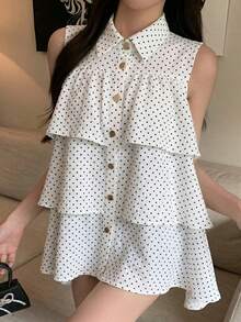 FRIFUL Women's Regular Lapel Metal Button Decor Loose Multi-Layered Ruffle Trim Loose Solid Color Summer Casual Blouse - Beige - View 5