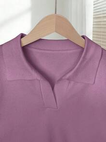 2026 Nuevo Blusa de punto ajustada de unicolor con cuello vuelto, manga corta raglán para mujer, primavera/verano - Azul - Ver 9