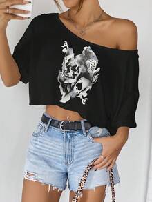 SHEIN EZwear 女士休闲骷髅和扑克牌印花不对称肩部短款超大短袖 T 恤，适合夏季 - 黑色 - 查看 5