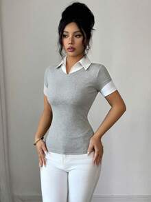 SHEIN Elenzya 女款優雅高質感夏季灰色對比色2合1領口V領修身短袖T恤上衣，適合學校、開學季 - 灰色 - 查看 3