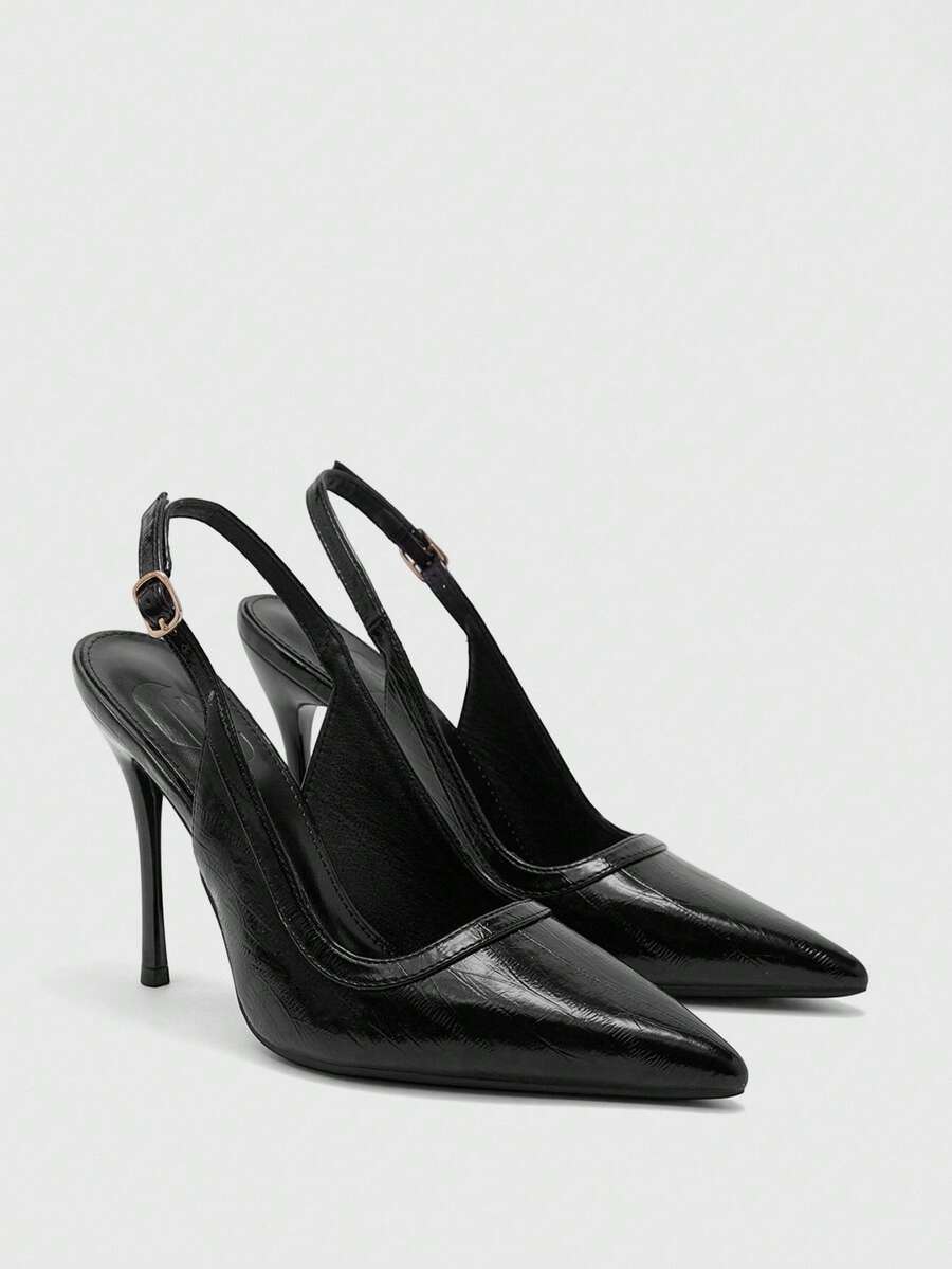 CUCCOO BIZCHIC Zapatos de tacón alto de punta fina con correa de tobillo y hebilla, de piel sintética agrietada, para el trabajo, ir y venir, citas, tacones altos delgados - F54 negro - Ver 1