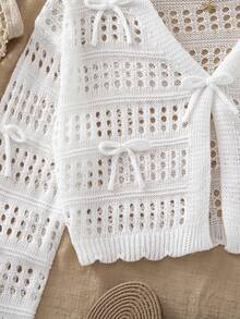 SHEIN Tween Girl Hollow-Out Knit Cardigan, Suitable For Home, Casual Outings, Beach Vacation, Parties, Etc. Comfortable, Versatile, And Soft - White - View 3