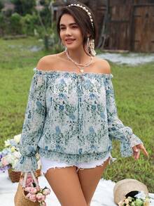 SHEIN LUNE 大码女式露肩碎花系腰灯笼袖派对/度假优雅长袖衬衫 - 藍白色 - 查看 4