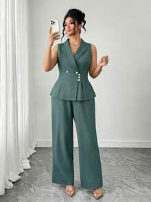 Elenzga Plus Size Women Commuting Minimalist Striped Vest And Pants 2 Pieces Set - Teal Blue - View 3