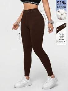 SHEIN Essnce 97%棉休闲运动针织紧身裤，长款，深棕色 - 棕色 - 查看 2