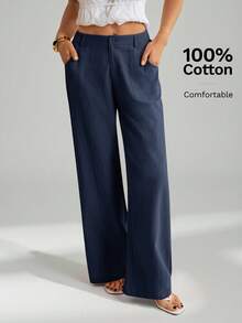 SHEIN Tall Quần ống đứng cạp thấp, chất liệu 100% cotton đã qua xử lý giặt. - Màu xanh hải quân - Xem 6
