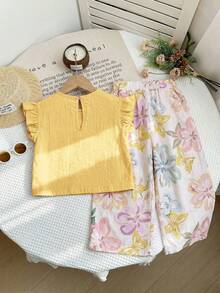 LMoss Kids 2pcs Baby Girl Woven Solid Color Ruffle Collar Top And Loose Ditsy Floral Pants Set - Yellow - View 2