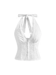 Sweetness Summer Vacation Casual Eyelet Embroidery Halter Backless Cropped V-Neck Tank Top For Women - White - View 1