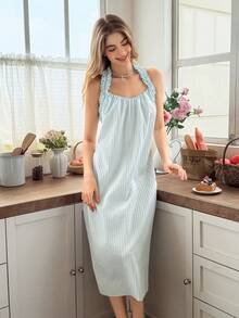 Snug Reverie Áo ngủ hở lưng xếp ly rộng, màu xanh nhạt lãng mạn dành cho phụ nữ - Màu xanh nhạt - Xem 3
