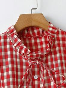 Franclia Blusa holgada de verano con volantes, cuello de lazo y estampado de cuadros rojos vintage en talla grande con estilo Y2K y preppy - Rojo - Ver 4