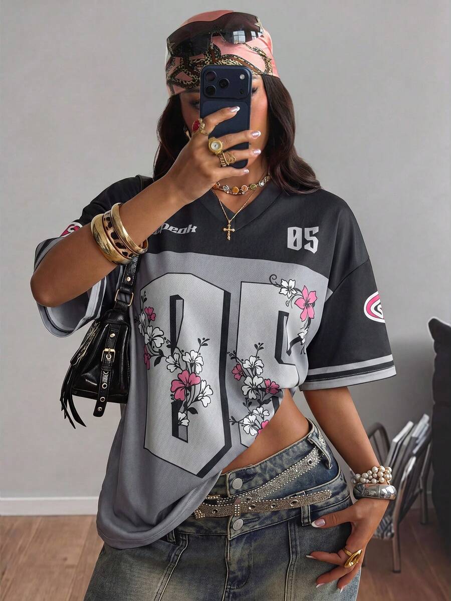 Coolane 女士夏季节日复古街头运动服号码印花超大棒球衫T恤 - 灰色 - 查看 1