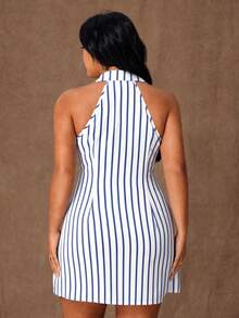 Rustia Plus Size Women Summer Casual Commuter Striped Front Button Sleeveless Dress - Blue and White - View 2