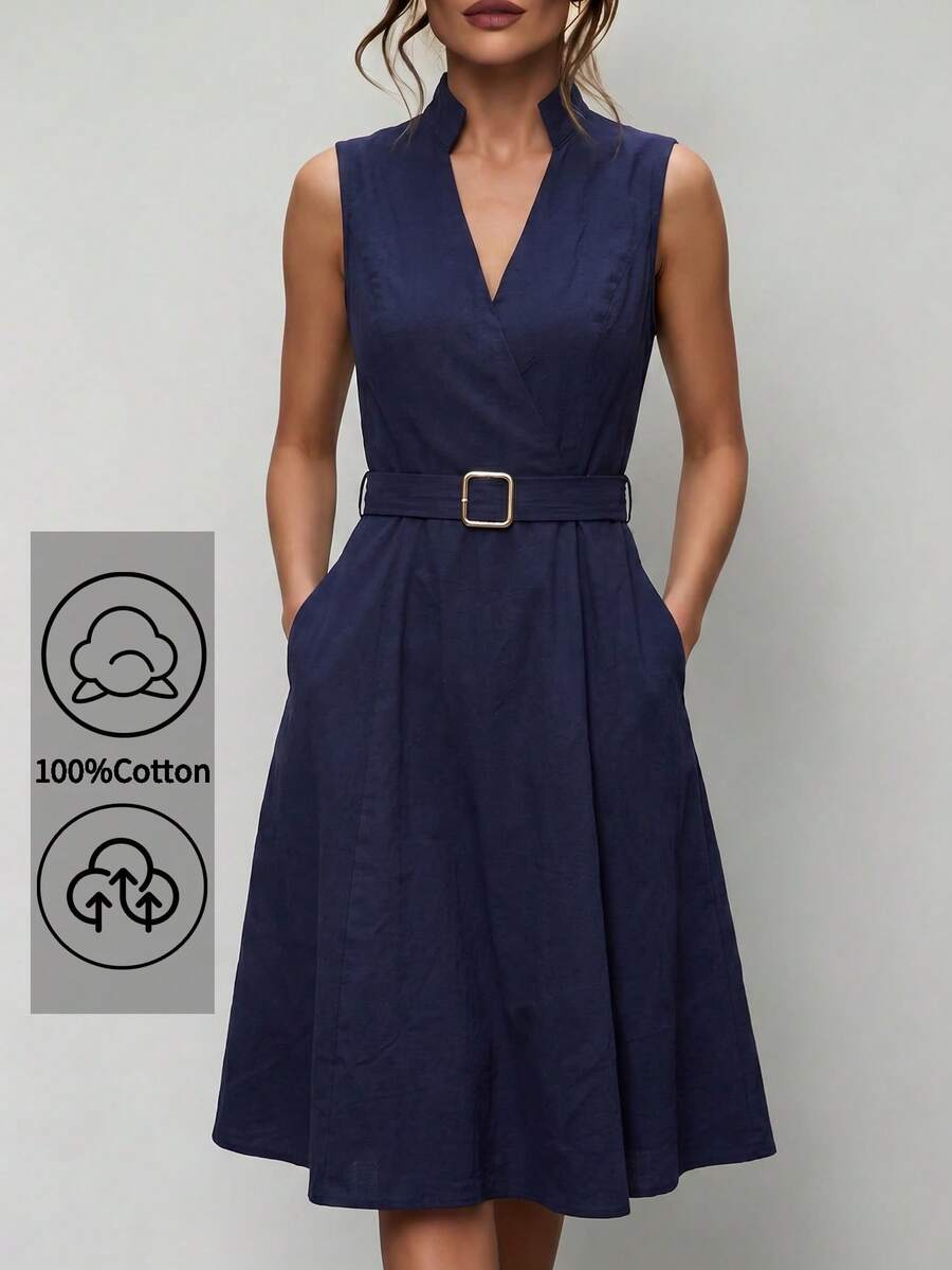 Uhlyne Uhlyne Đầm xanh navy cổ đứng, không tay, thắt eo, dáng chữ A, chất liệu cotton pha, thích hợp cho công sở và mặc thường ngày mùa hè. - Màu xanh hải quân - Xem 1