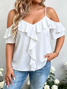 Linhara CURVE Top à volants avec épaules dénudées noir grande taille - Blouse courte sexy à fines bretelles et encolure en V avec volants, conçue pour les femmes rondes - Blanc - Voir 3