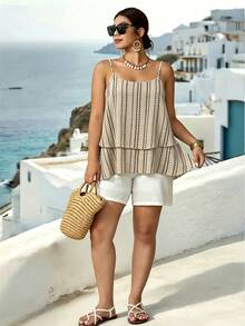 Parysyn Áo hai dây cổ yếm và áo tank top dệt kim cỡ lớn dành cho nữ, thích hợp cho kỳ nghỉ hè, phong cách thường ngày. - Màu be - Xem 6