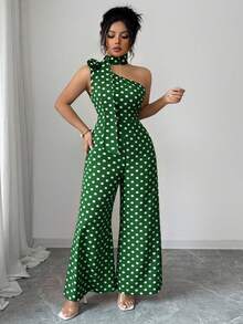 GlowEve CURVE Plus Size Women's Elegant Black & White Polka Dot Asymmetrical Shoulder Jumpsuit, Suitable For Commuting, Spring/Summer - Green - View 4