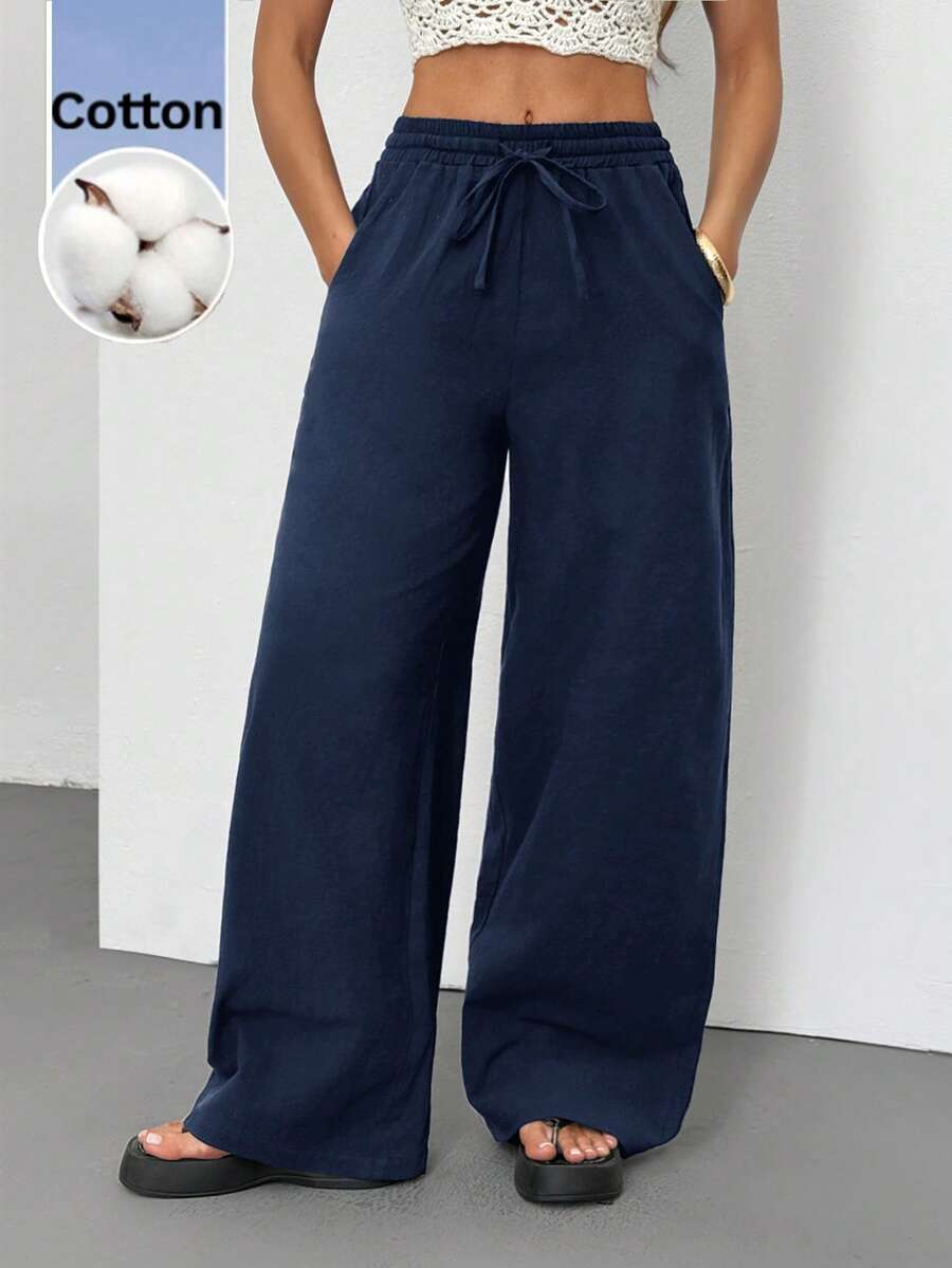 SHEIN Tall Quần nữ mùa hè/mọi mùa, phong cách đồng quê, đi xem hòa nhạc, đi biển, boho, tối giản, chất liệu 100% cotton, ống quần cong. - Màu xanh hải quân - Xem 1