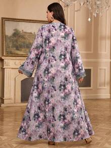 Al Najma Plus Size Women Floral Print V-Neck Elegant Long Sleeve Turkish Maxi Dress - Purple - View 2