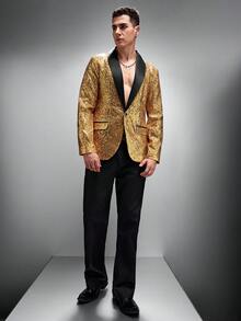 Zorclune 男士金色亮片西装外套，魅力迪斯科风格，常规版型，长袖翻领纽扣夹克，适合派对、婚礼等场合，男士奢华服饰，祝您2026新年快乐！金色男士夹克 - 金色 - 查看 3