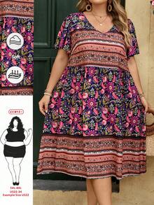 SHEIN CURVE+ Plus Size Printed Casual Vacation Dress Bohemian Autumn Women's Plus Size Vacation Dress - Multicolor - View 10