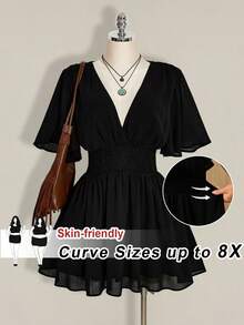 SHEIN CURVE+ Vestido de línea A con cuello en V y volantes en el bajo, adecuado para playa, vacaciones, estilo bohemio, hippie, Y2K, verano, Día de San Valentín, vestido elegante para citas - Negro - Ver 10