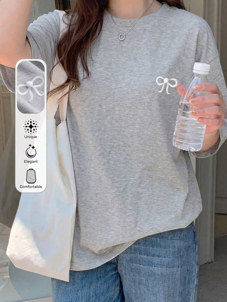 DAZY 女款蝴蝶結刺繡寬鬆短袖圓領T恤 夏季 - 灰色 - 查看 1