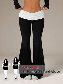 SHEIN Tall CURVE 大码女式休闲撞色翻折腰喇叭裤，黑白配色，孕妇裤 - 黑與白 - 查看 2