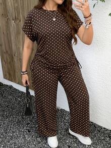 EMERY ROSE Mother's Day Vacation Boho Style Polka Dot Pattern Casual Minimalist 2 Pieces Set, Suitable For Summer, Plus Size - Brown - View 6
