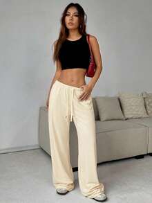 SHEIN EZwear 大码纯色抽绳休闲运动裤，适合毕业季、返校季和教师穿着，浅黄色 - 黃色 - 查看 5