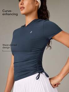 OutZeal Women Sports Tee Gym Workout Wear Soft Stretch Slim Fit Side Ruched Drawstring Hood Active Tops - Blue - View 2