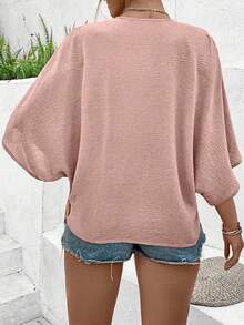 Breezaya Plus Size Women's Elegant Solid Color Jacquard V-Neck Raglan Sleeve Button Decor Beach Resort 2025 Spring/Summer New Versatile Blouse - Dusty Pink - View 2