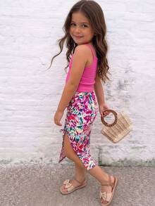 Emery Rose Kids Emery Rose Kids 两件套女童针织纯色吊带背心和碎花百褶裙套装 - 玫紅色 - 查看 3