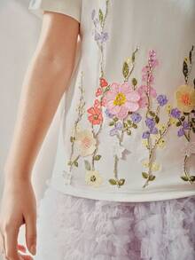 Anewsta Camiseta de manga corta con bordado y cuentas para niñas, camiseta gráfica, top brillante, adecuado para combinar con pantalones cortos y faldas casuales para el verano - Blanco - Ver 5