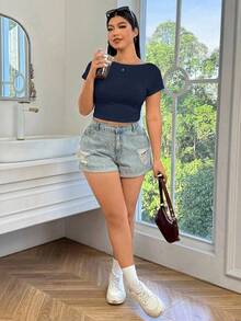 SHEIN EZwear Plus Size Solid Color Backless Fitted Summer Navy Blue Short Sleeve T-Shirt - Navy Blue - View 4