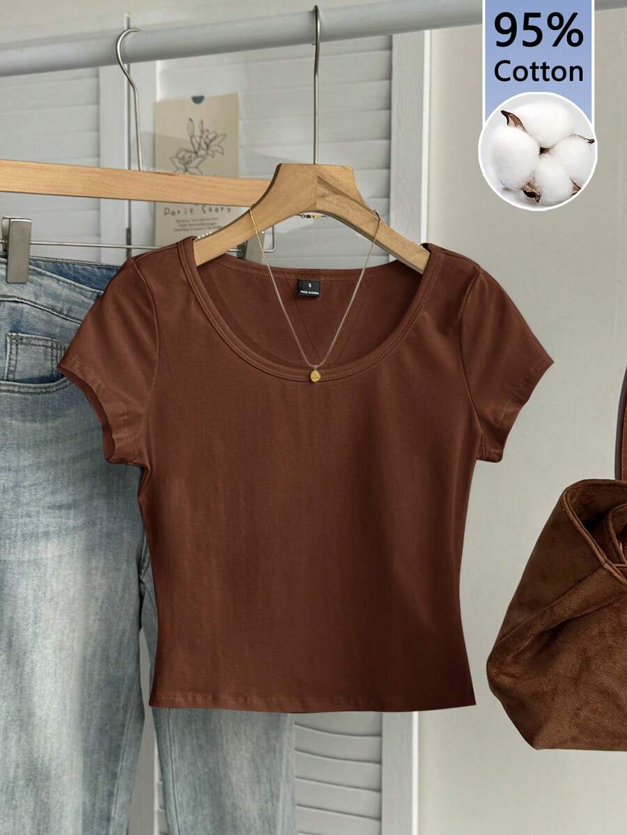 Tseoso Áo thun nữ tay ôm cổ tròn, họa tiết tối giản, chất liệu 95% cotton, màu nâu. - màu nâu - Xem 1