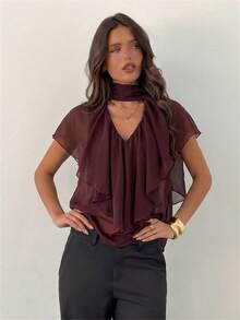 Aloruh Women's Elegant V-Neck Chiffon Ruffle Sleeve Brown Office Shirt - Brown - View 2