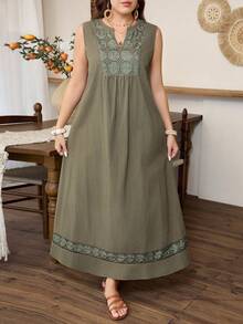 Lacomfia Vestido holgado de talla grande de primavera/verano con bordado minimalista y casual, sin mangas y calado - Verde - Ver 7