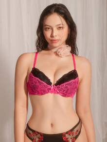 DelicateAllure Women's Color Block Lace Patchwork Camisole Bra Lace Bracute Bras - Hot Pink - View 5