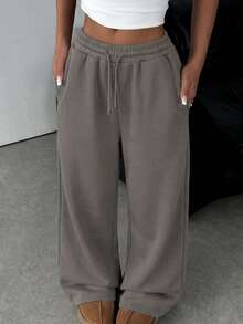 SHEIN Teen Girl Loose Fit Drawstring Pocket Wide Leg Sweatpants In Dark Grey - Dark Grey - View 5