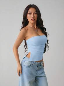 SHEIN PETITE Women's Solid Color Minimalist Casual Tube Top,Summer Top - Blue - View 6