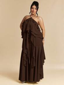 SHEIN BAE Đầm dự tiệc đi biển dáng rộng, dài, màu xanh lá cây, xếp ly, cổ yếm, buộc dây, dành cho người có vóc dáng đầy đặn. - màu nâu - Xem 5