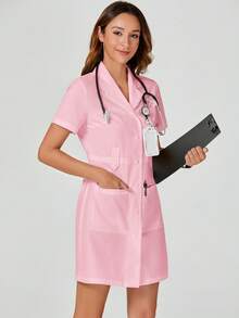 TaskEZ 实验服/白大褂，常规肩短袖，带口袋，翻领 - 粉色 - 查看 4